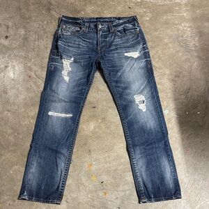 True Religion Relaxed Fit Distressed Jeans - Dark Blue